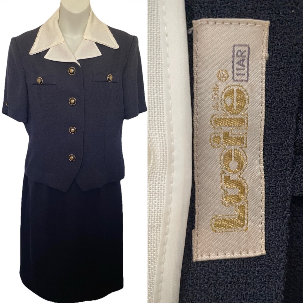 VINTAGE Skirt Jacket SUIT Set by LUCILE Navy and White S/M